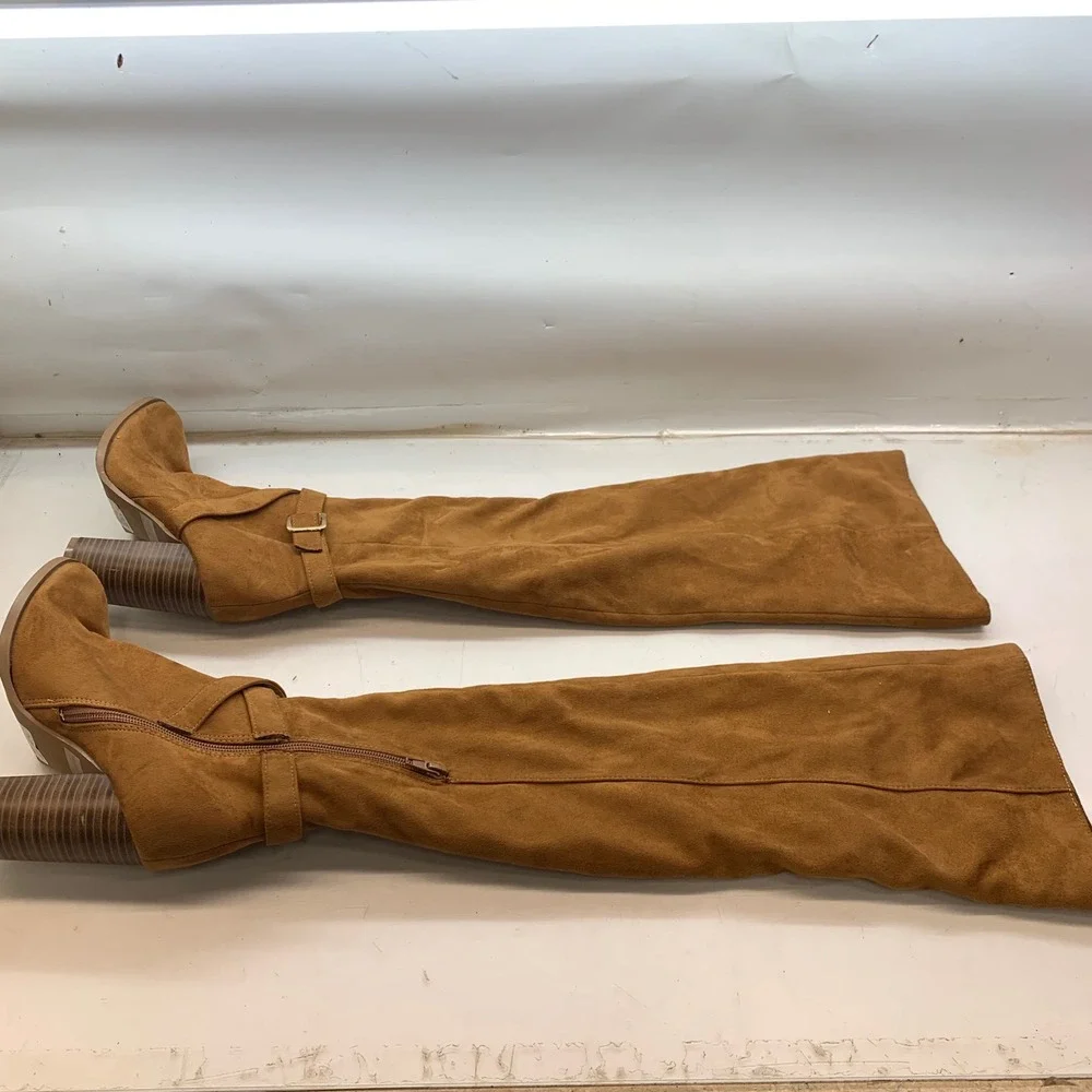 Tan Faux Suede Over The Knee Boots‎ Block Heel Buckle Detail Style 9092 Size 6.5
